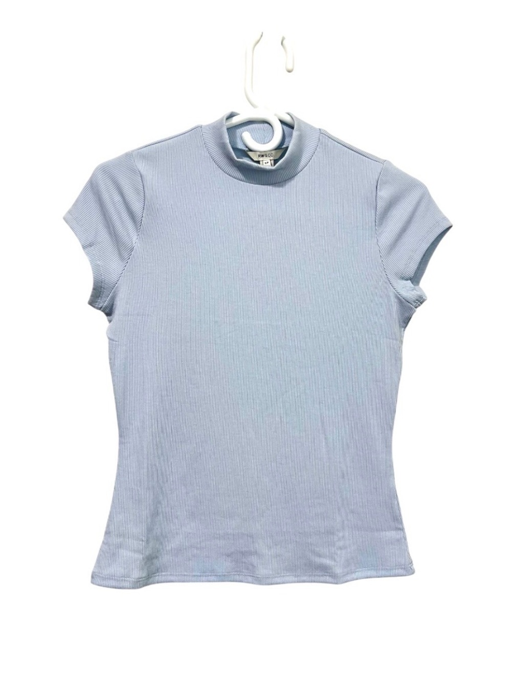 NWT RW&CO Light Blue Ribbed Mock Neck Short Sleeve Top